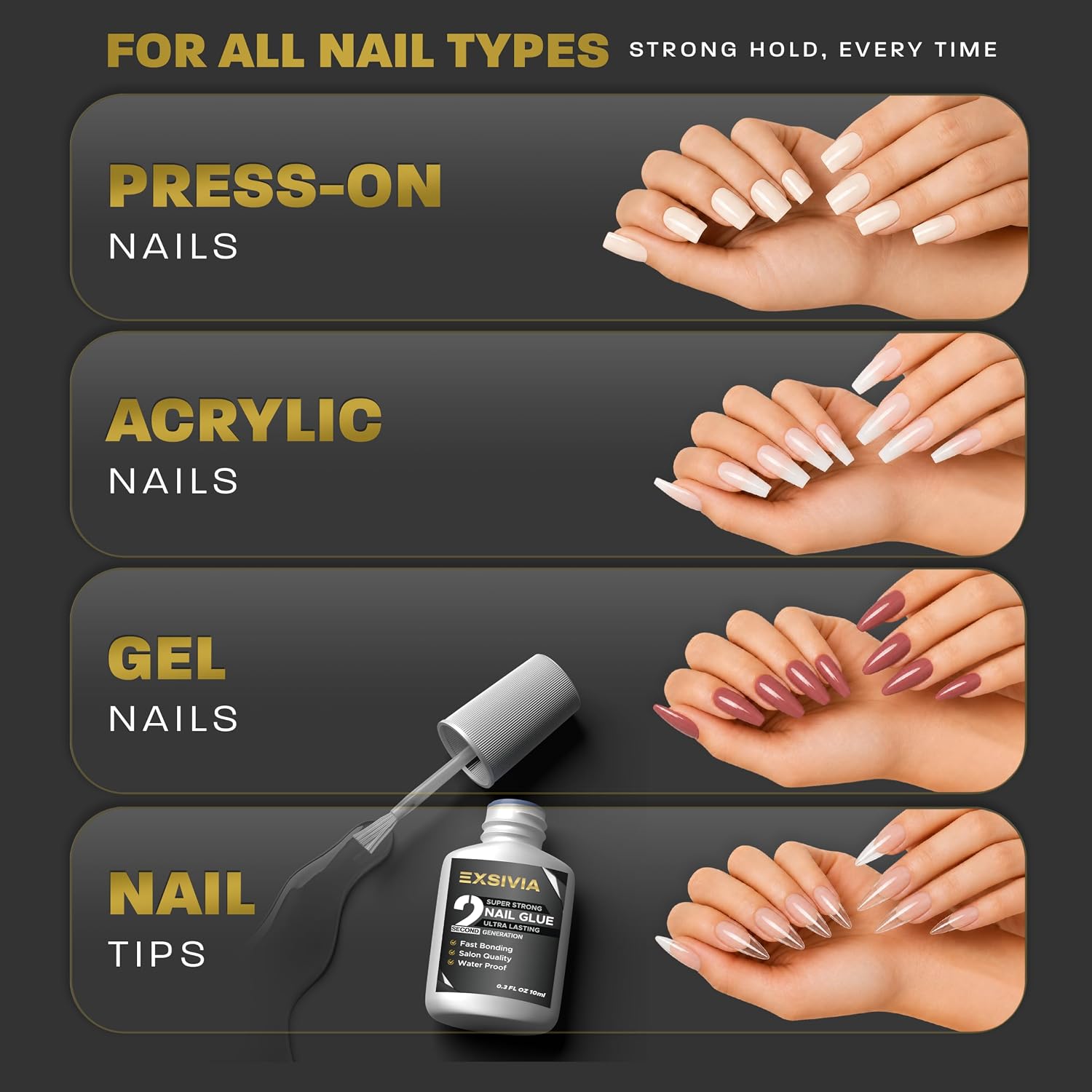 EXSIVIA 10ml HEMA-free extra strength brush-on nail glue bottle - 3