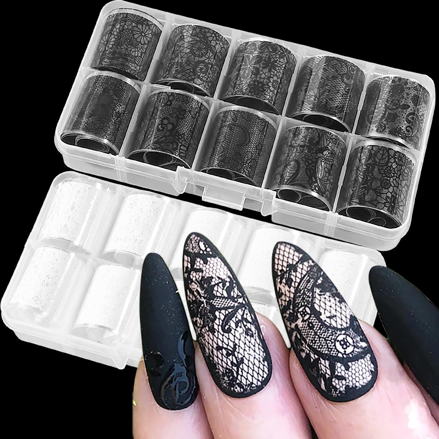 lace nail transfer foil: 20 Roll Black & White Guide