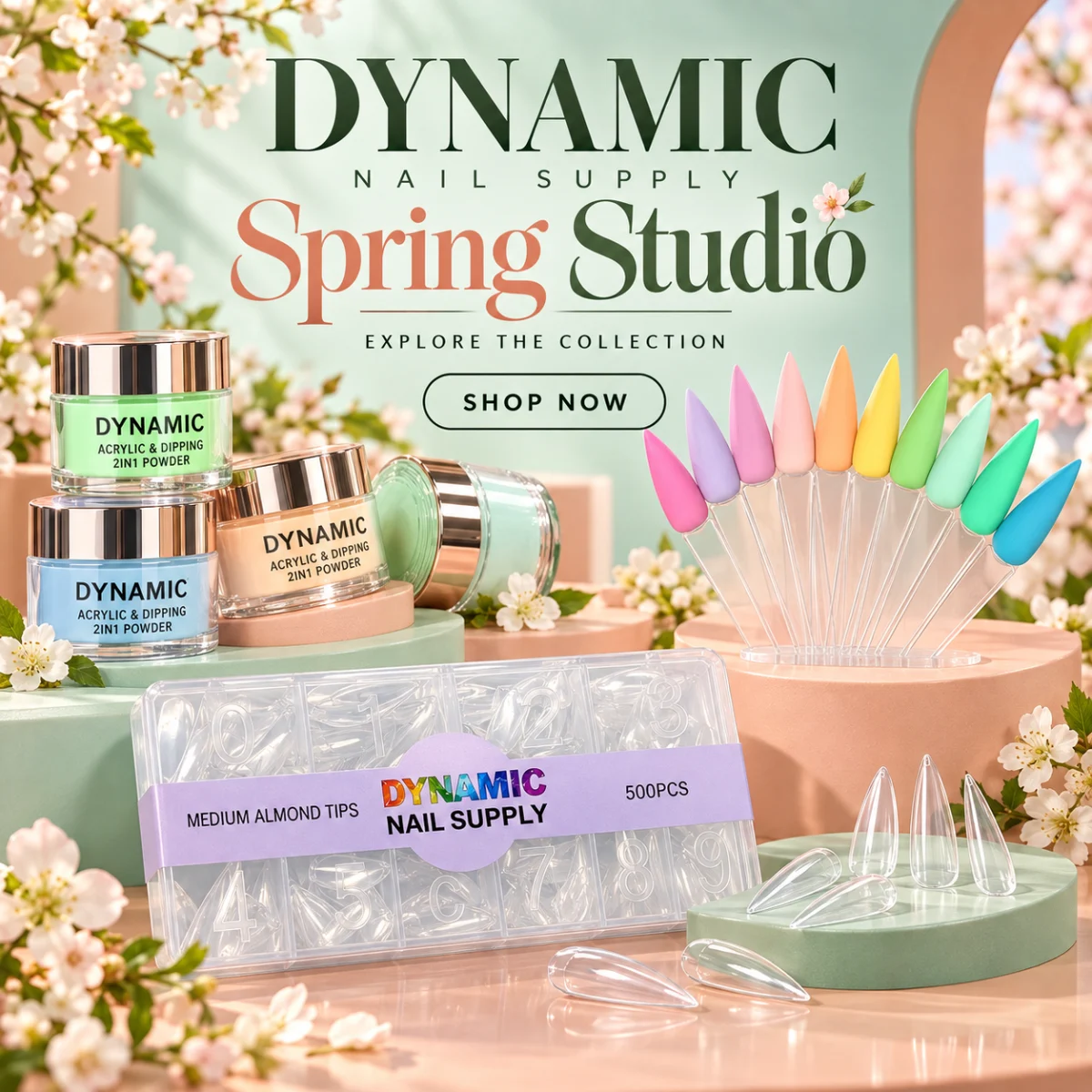 Spring Studio acrylic dipping powders and medium almond tips